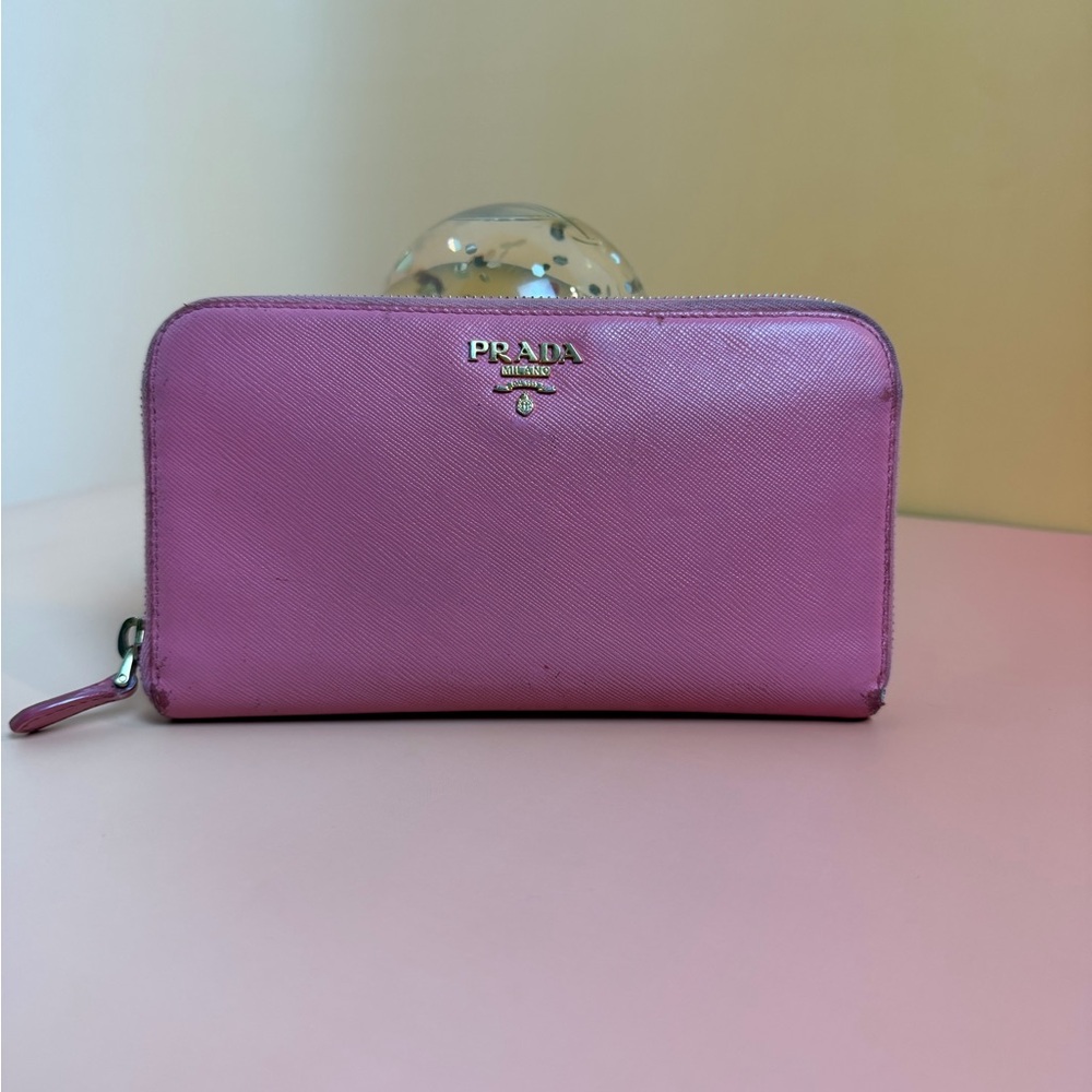 Prada Pink Saffiano Leather Zip-Around Wallet